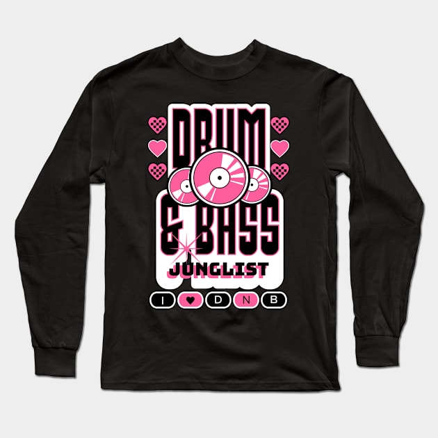 DRUM AND BASS  - 3 Records & Hearts (White/Pink) Long Sleeve T-Shirt by DISCOTHREADZ 